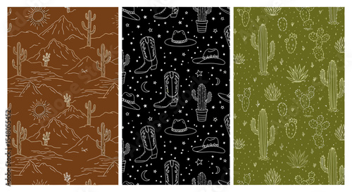 Southwest Desert Cactus Cowboy Seamless Pattern Collection  Three Unique Designs for Textiles, Apparel, and Branding