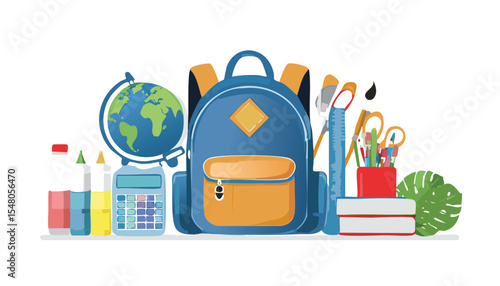 Set of school supplies and education stickers. Back to school. Backpack, book, globe, paints, ruler, pen, pencil, calculator, brushes, glue. Perfect for prints, cards,crayon, back to school, book,