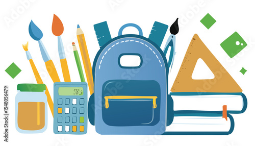 Set of school supplies and education stickers. Back to school. Backpack, book, globe, paints, ruler, pen, pencil, calculator, brushes, glue. Perfect for prints, cards,crayon, back to school, book,