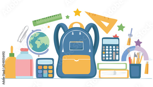 Set of school supplies and education stickers. Back to school. Backpack, book, globe, paints, ruler, pen, pencil, calculator, brushes, glue. Perfect for prints, cards,crayon, back to school, book,