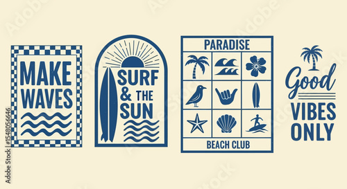Surf and Sun Summer Vibes Beach Club Retro Graphic Design Set