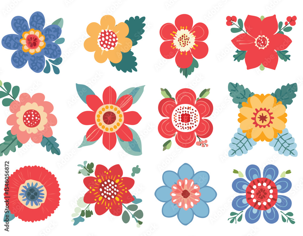 
Set of modern flowers in flat geometric style. Collection floral icons in folk style. Perfect for poster, card, print for spring summer holiday, Easter, Mother's day.leaf, colourful, elegant, graphic