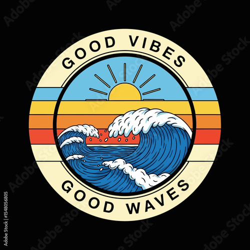 Good Vibes, Good Waves Retro Sunset Ocean Wave Illustration