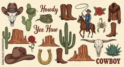 Vintage Cowboy Western Illustration Hats, Boots, Cactus, Skull, Snake, Horseshoe, Yeehaw