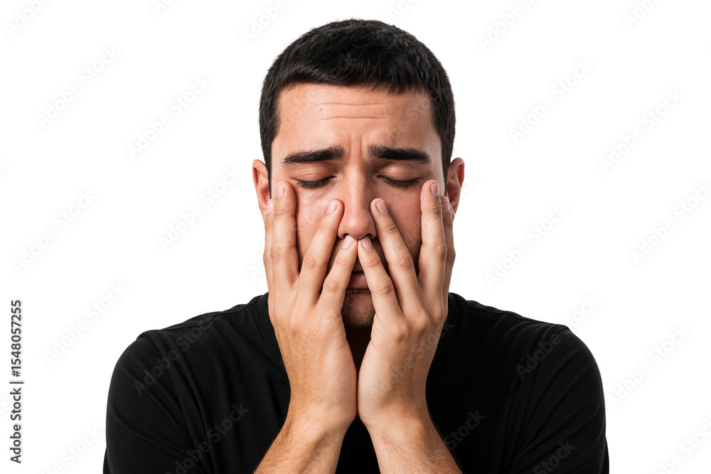 Frustrated young man covering face with hands, expressing intense stress and emotional exhaustion. Isolated on transparent background Frustrated young man covering face with hands, expressing intense stress and emotional exhaustion. Isolated on transparent background