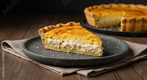 Wallpaper Mural A slice of chicken and cream cheese pie (torta de frango com catupiry), featuring shredded chicken and creamy Catupiry cheese in a buttery golden crust. Displayed on a stone plate with a linen napkin Torontodigital.ca