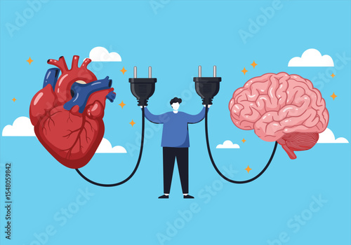 Emotional Intelligence Concept, Brain and Heart Connection, Mind-Body Harmony, Balancing Logic and Feelings, Psychological Well-being, Inner Balance, Human Psychology, Mental Health
