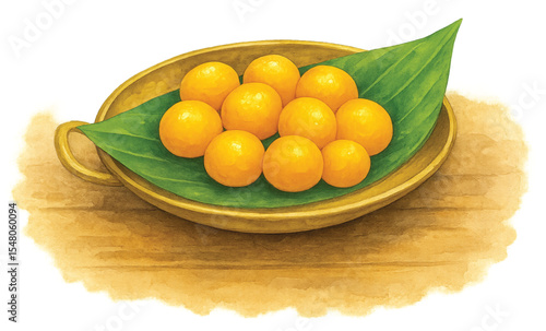 Thong Yod (Golden Drop Thai Dessert) on Banana Leaf and Brass Tray – Watercolor Illustration