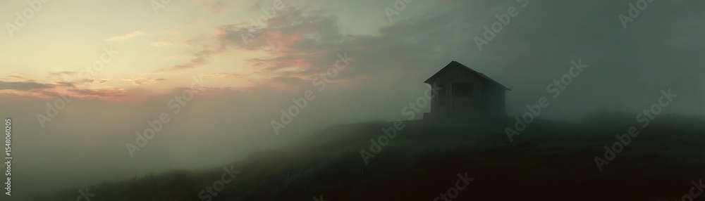 Fototapeta premium Foggy landscape with a small building.