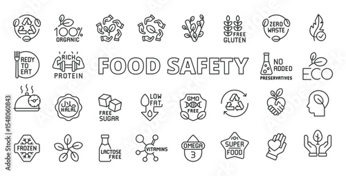 Food safety icons in line design. Food safety, hygiene, contamination, inspection, quality control, sanitation, safe food on white background vector. Food safety editable stroke icons