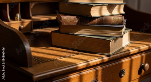 Stack of vintage books on a wooden desk with sunlight casting shadows.