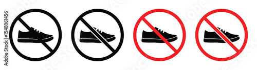 No Barefoot Prohibition Sign Set – Footprint Ban Icons and Forbidden Footstep Symbols, vector illustration.