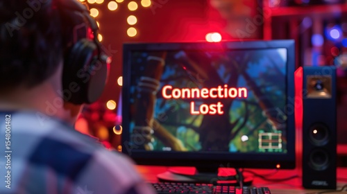 Frustrated young gamer staring at computer screen with connection lost error message, red ping indicator flashing. Online gaming issues, technical problems and internet connection failure concept.