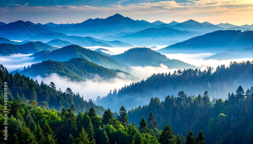 Obraz premium Misty Blue Mountain Range Landscape, Nature Photography, Scenic View,Mountain range