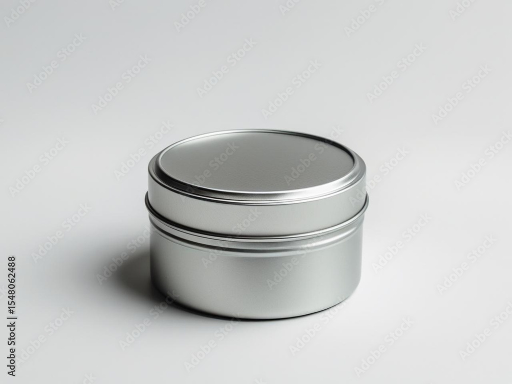 A blank round tin container with closed lid, placed on a white background, minimal product packaging mockup A blank round tin container with closed lid, placed on a white background, minimal product packaging mockup