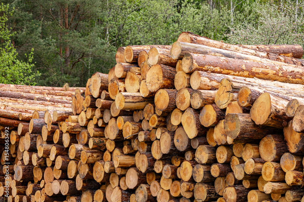Forest pine and spruce trees. Log trunks pile, the logging timber wood industry. Wide banner or panorama wooden trunks. Forest pine and spruce trees. Log trunks pile, the logging timber wood industry. Wide banner or panorama wooden trunks.