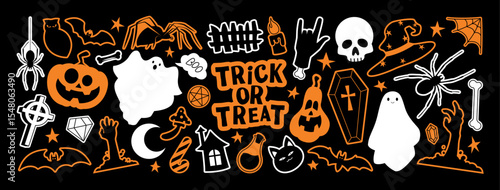 Retro stickers for Halloween design. Vector illustration with adhesive film with Halloween symbols in y2k style for decoration banner, poster, social media, web. Retro stickers.