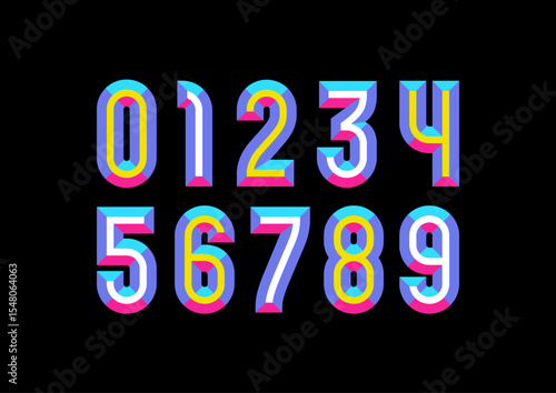 3D facet numbers set, beveled numerals 1,2,3,4,5,6,7,8,9 made in bright chiseled blocks, vector illustration 10EPS