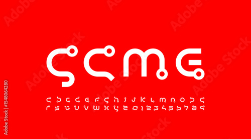 Technology science font, digital cyber alphabet with rings, lowercase letters A, B, C, D, E, F, G, H, I, J, K, L, M, N, O, P, Q, R, S, T, U, V, W, X, Y, Z and numerals 0, 1, 2, 3, 4, 5, 6, 7, 8, 9 spa