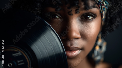 Frau mit lockigen Haaren hält Schallplatte vor Gesicht mit dramatischer Beleuchtung