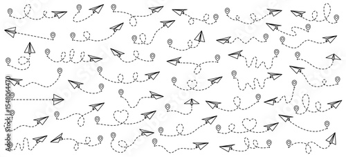 Flying paper airplanes with dotted line path collection. Origami symbol. Sending message concept. Vector illustration isolated on white.