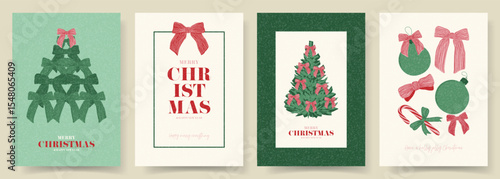 Merry Christmas and Happy New Year holiday cards. Trendy Christmas posters with bows, balls, candy cane and typography design. Contemporary minimalist New Year fluers for branding, cover, social media