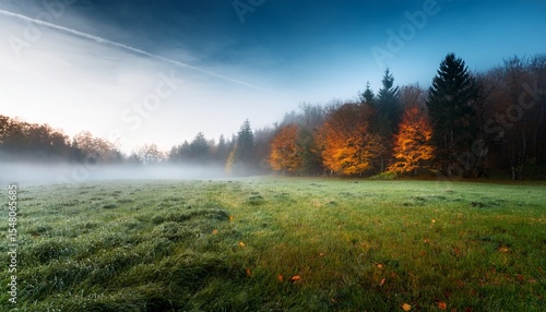 dark autumn forest and grassy field with crawling fog