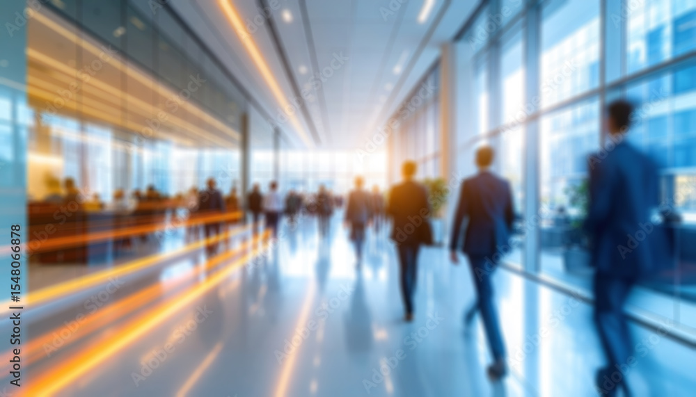 Fototapeta premium Blurred motion shows people walking through a large modern hall with glass walls.