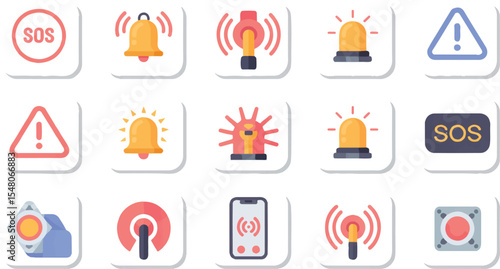 Flat Vector Collection of Emergency, Alarm, and Warning Symbols for Safety System and Interface Design