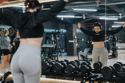Bild auf Leinwand A fitness enthusiast performing a resistance band workout in a gym setting with mirrors, showcasing a modern training environment and the determination for a healthy lifestyle