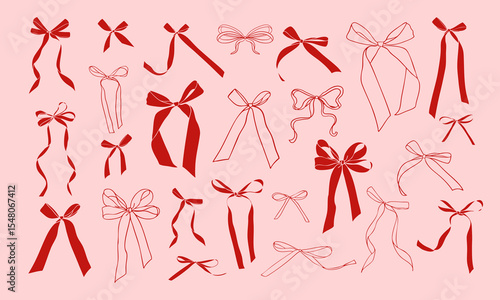 Set of doodle hand drawn trendy coquette red bows and ribbons. Whimsical minimalist vintage vector illustration for holiday poster, greeting cards, wedding invitations, branding