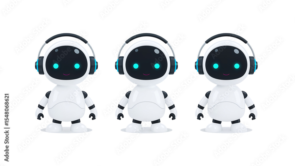 Three Cute Robots with Headphones AI Assistance Concept Three Cute Robots with Headphones AI Assistance Concept