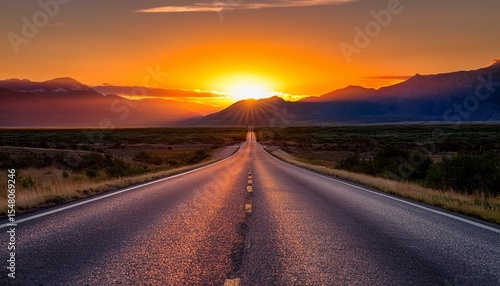 a long straight road stretches into the distance disappearing into a vibrant sunset over a mountain range