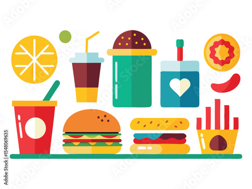 A vibrant collection of popular fast food items including burgers drinks fries and a lemon slice all presented in a clean modern flat design style isolated on white background
