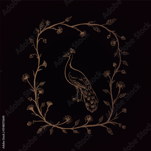 Children's book covers with gold peacock pattern in dandelion frame. Sketch of birds. Ornithology. Wild fauna. Wild birds. Animal tales. Magic feather.