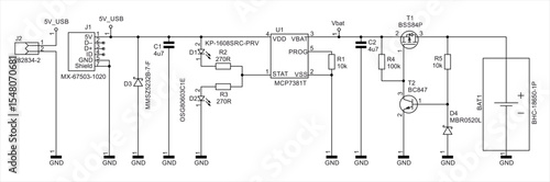 Schematic diagram of electronic device.
Vector technical drawing electrical circuit with 
controller, resistor, capacitor,
integrated circuit, diode, led,
other components on white paper sheet.
