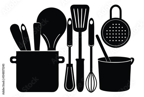 kitchen utensils silhouette vector illustration simple icon flat design cooking tools