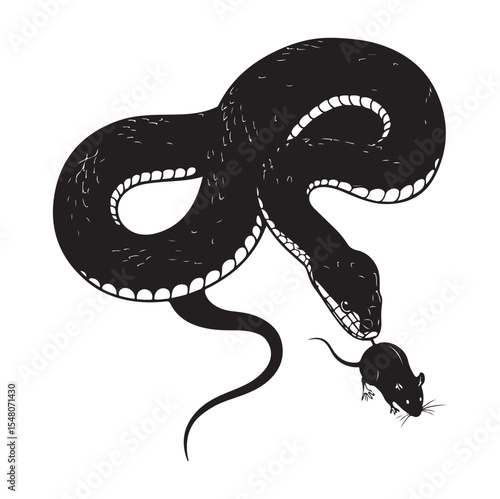 Snake hunting a mouse, black and white vector illustration of a predator and prey relationship. AI Generator
