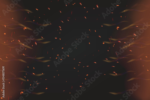 Abstract vertical fire sparks and glowing embers rising in dark smoky background.