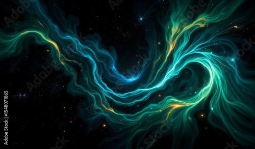 Indigo And Emerald Nebula Swirls Like Celestial Fishing Nets In Cosmic Blackness