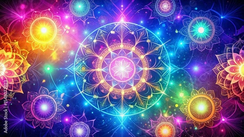 Colorful mandala with glowing lights radiating positive energy and spiritual harmony.