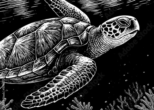 sea turtle gliding gracefully with textured shell and calm face, a black and white sketch vector