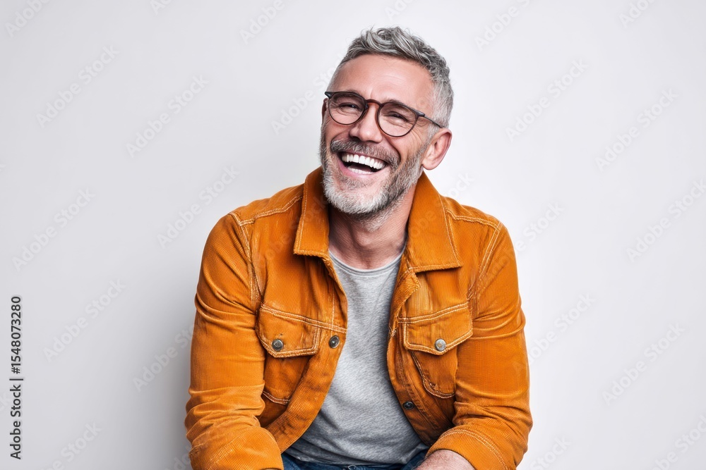 Fototapeta premium Smiling middle-aged man with gray hair and a beard, wearing glasses and an orange jacket against a white background.