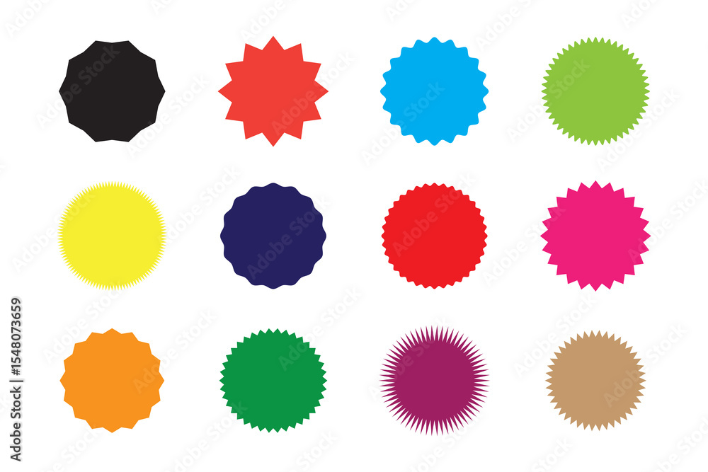 Circle sticker set. Wavy edge promo Colourful badges. Star burst shape tags for price. Blank sale stickers. Simple silhouette. Flat vintage labels. Graphic illustration. Circle sticker set. Wavy edge promo Colourful badges. Star burst shape tags for price. Blank sale stickers. Simple silhouette. Flat vintage labels. Graphic illustration.