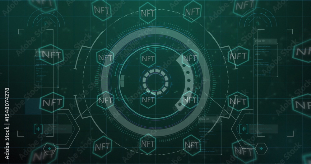 Obraz premium Rotating central circular HUD element displaying code on holographic display with NFT hexagon grid