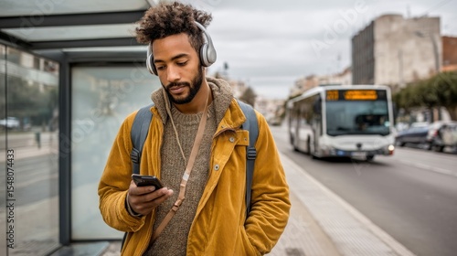 A man wearing headphones stands at a bus stop, looking at his phone while a bus passes on a city street.