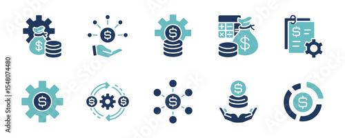 financial management with money gear cog wheel symbol icon set business accounting budget control economy strategy target planning signs vector illustration