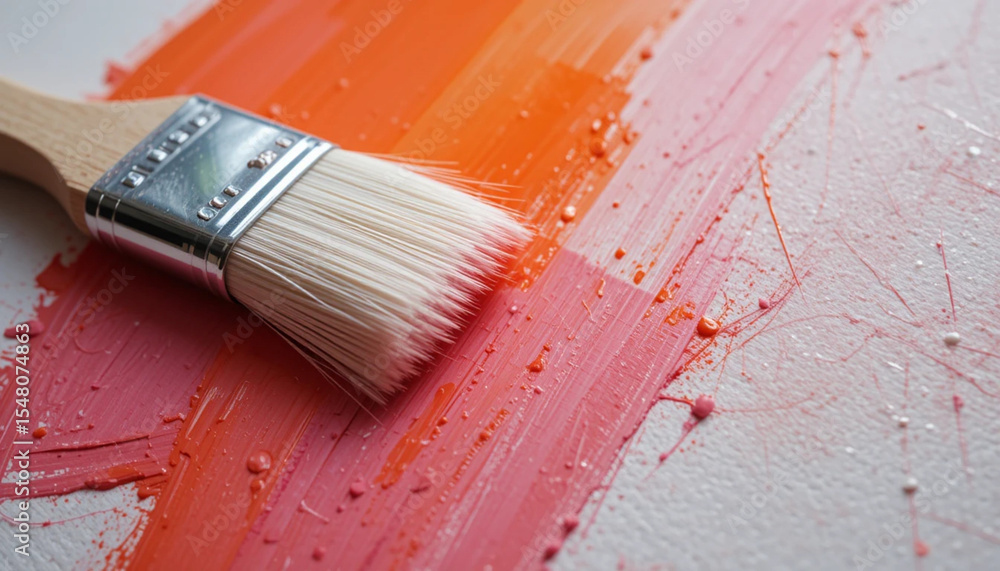 Fototapeta premium Paintbrush on Vibrant Orange and Pink Acrylics .
