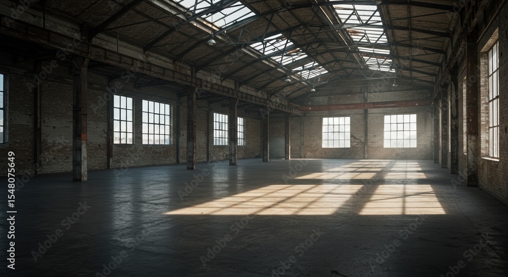 Abandoned Warehouse Interior with Sunlight Streaming Through Windows, Industrial Decay Abandoned Warehouse Interior with Sunlight Streaming Through Windows, Industrial Decay