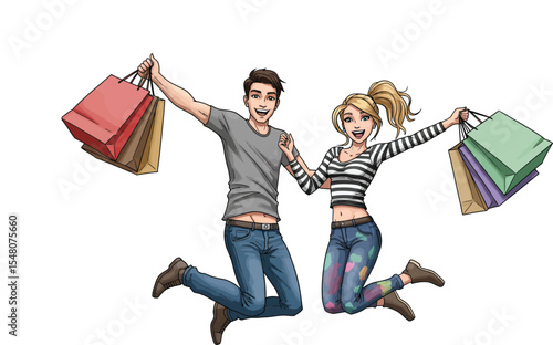 Illustration of a young white couple with jeans jumping with happiness, holding shopping bags, isolated on white background